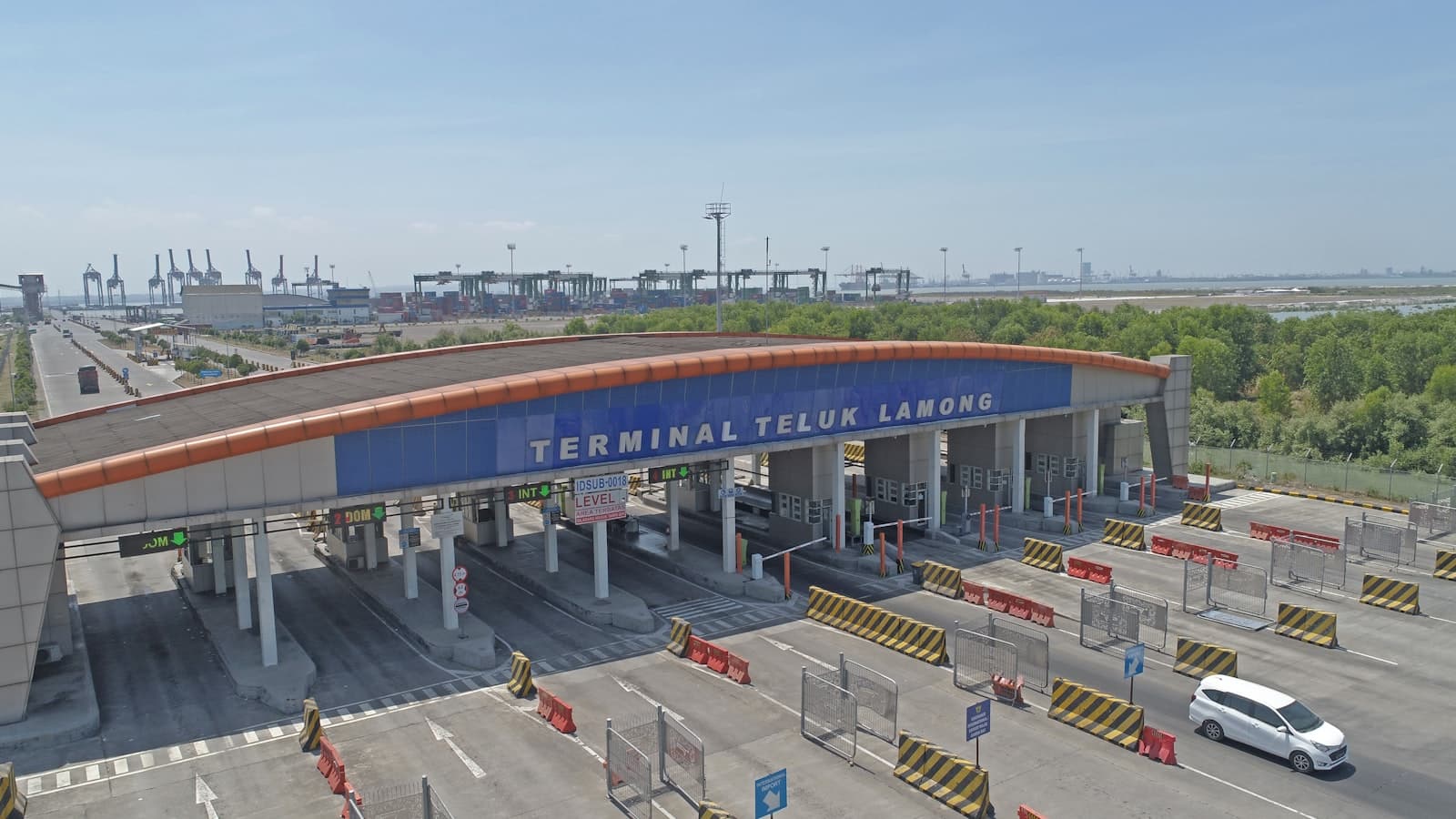 Aerial view of a port terminal entrance with access lanes