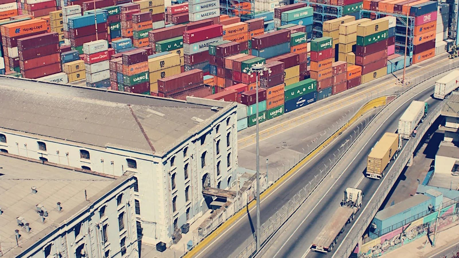 Aerial view of a large container port terminal operating under ISPS Code requirements